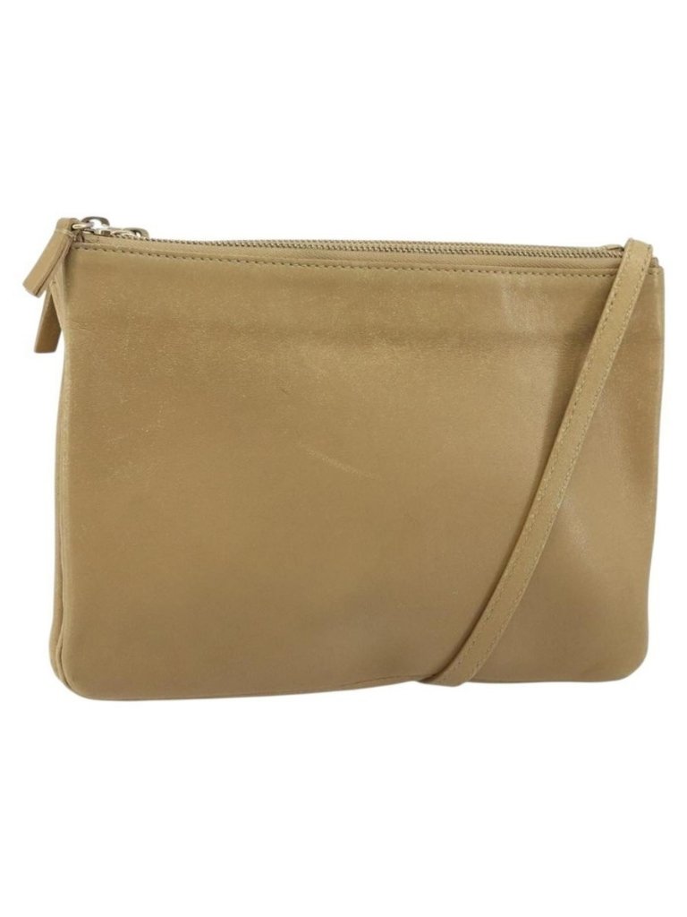 Authentic Celine Trio Shoulder Bag Leather Beige Gold